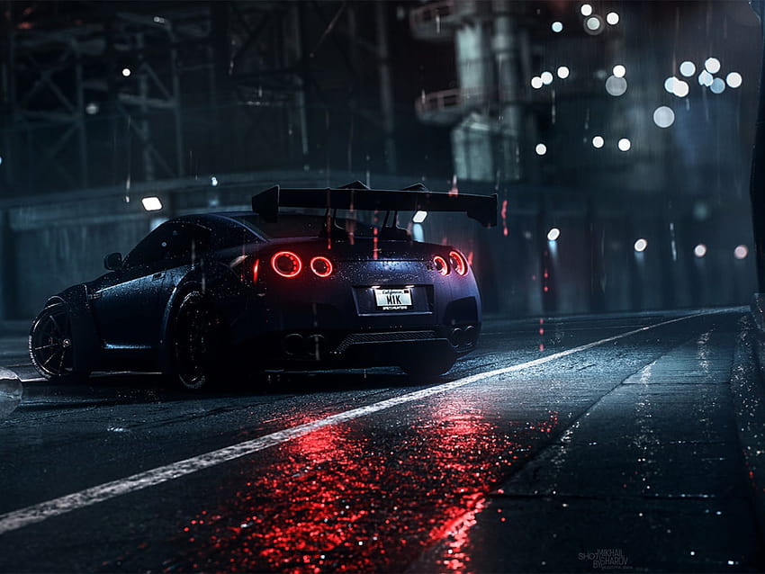 Синя спортна кола, тъмно, нощ, дъжд, Nissan, Nissan GT HD тапет