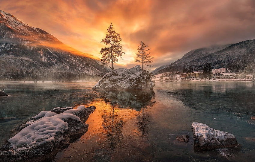 ฤดูหนาว ต้นไม้ พระอาทิตย์ตก ภูเขา บาเยิร์น เยอรมนี บาวาเรีย อุทยานแห่งชาติ Berchtesgaden ทะเลสาบ Hintersee ทะเลสาบคำแนะนำสำหรับ OSD ที่ไม่ได้ปรับขนาด ส่วน пейзажи Hintersee ทะเลสาบเยอรมนี วอลล์เปเปอร์ HD