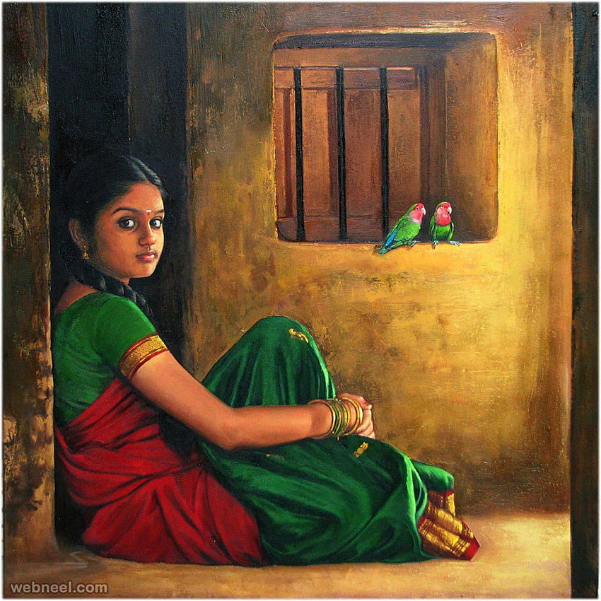 25 красиви картини на селски индийски жени от художник от Тамилнаду, индийски жени с маслени бои HD тапет за телефон
