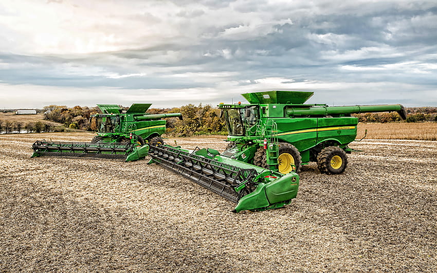 John Deere S670, two harvesters in the field, 2019 combines​, wheat harvest, grain harvesting, agricultural machinery, R, combine harvester, 645FD, Combine​ in the field, agriculture, John Deere, john deere combine HD wallpaper