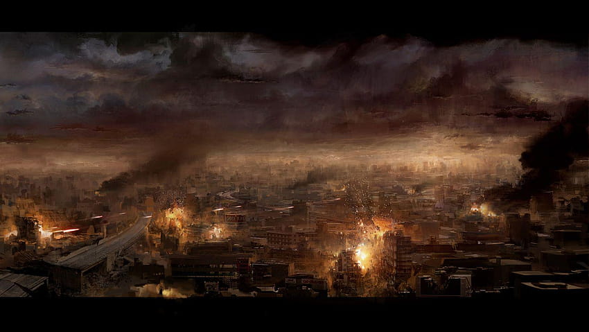 Post apocalíptico y s, de ciudad en llamas fondo de pantalla