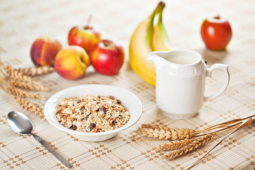 food breakfast cereals fruits apple apples bananas spoon wheat rye HD wallpaper