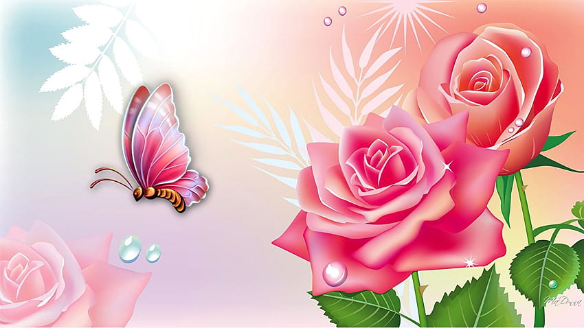 Insects Butterflies Roses flower animal Painting Art, butterfly and rose HD wallpaper