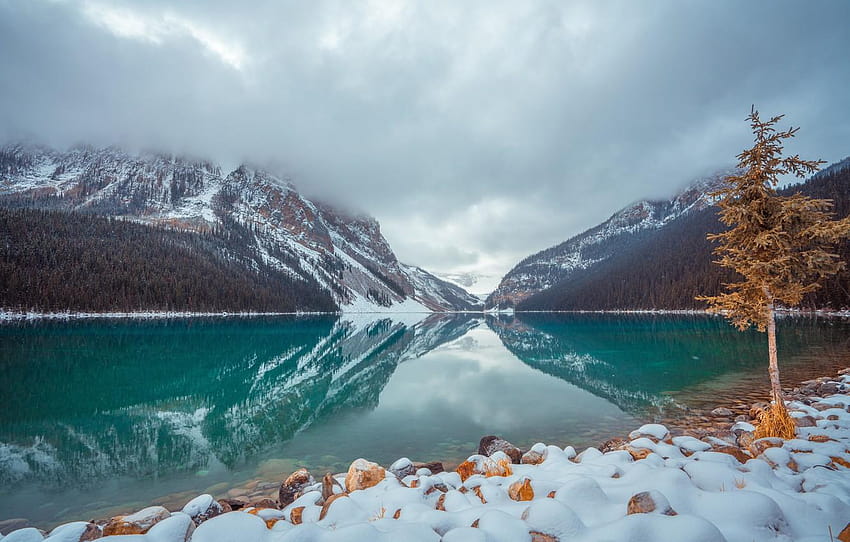 Wallpaper Winter, Clouds, Snow, Mountains, Lake, Park, Stones, Canada