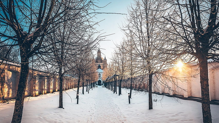 Mosteiro Pazaislis, Kaunas, Lituânia, árvores, neve papel de parede HD