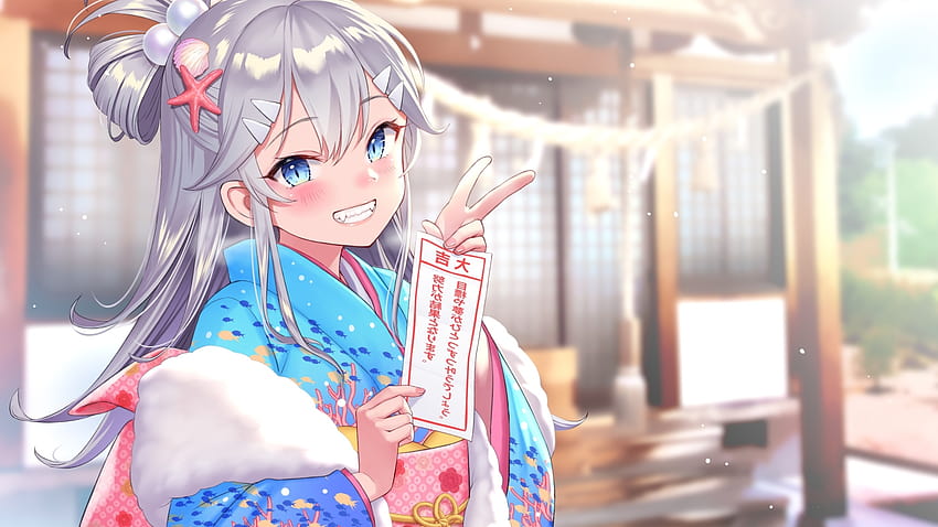 Kimono, canas, chica anime, sonriente, ojos aguamarina, anime pakai kimono fondo de pantalla