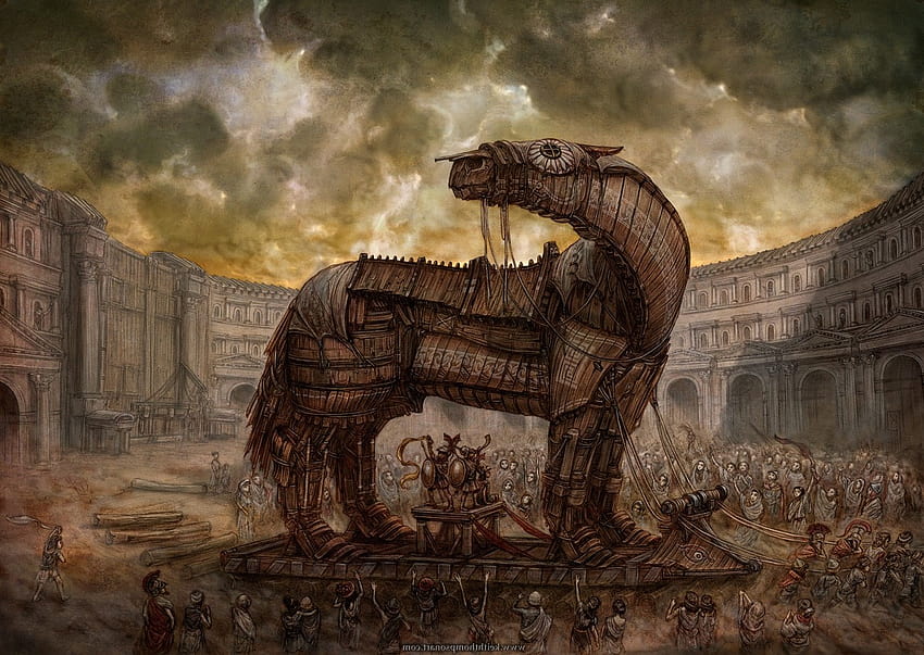 workers mongols ancient old horse building clouds artwork fantasy art statue weapon looking at cards wood architecture trojan horse / and Mobile Backgrounds HD wallpaper
