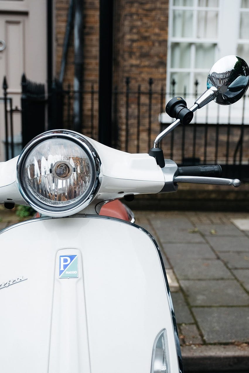 white and blue motor scooter parked beside brown brick wall – Hoxton, vespa matic HD phone wallpaper