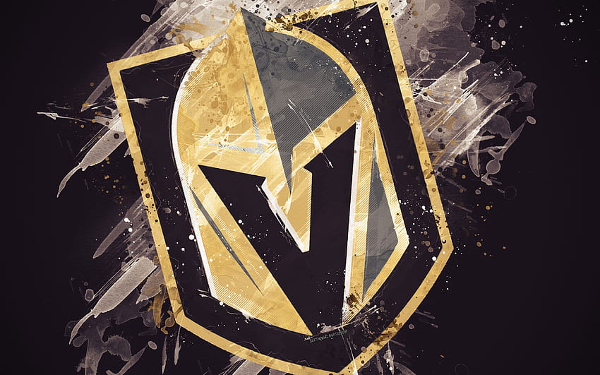 Vegas Golden Knights, art grunge, club de hockey américain, logo, fond gris, art créatif, emblème, NHL, Las Vegas, Nevada, États-Unis, le hockey, Conférence de l'Ouest, Ligue nationale de hockey, art de la peinture, ordinateur des chevaliers d'or Fond d'écran HD