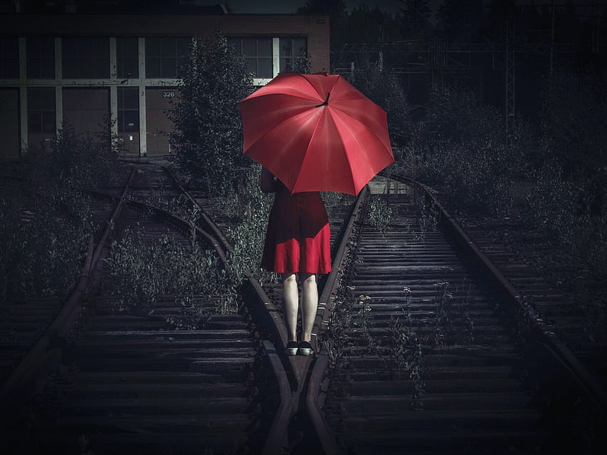Red skirt girl back view, umbrella, railroad 750x1334 iPhone 8/7/6/6S ,  background, back pose HD wallpaper | Pxfuel