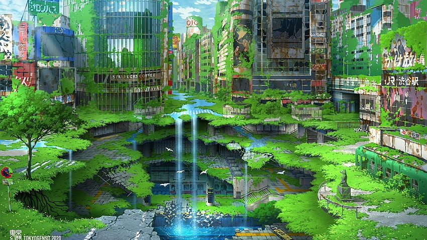 1600x900 Post, cidade de anime verde papel de parede HD
