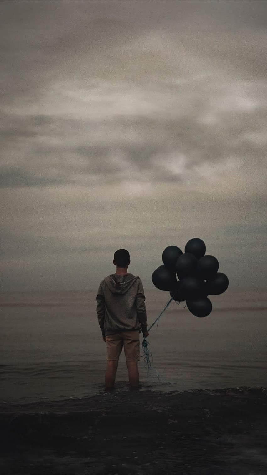 guy, balloons, sea, nf clouds HD phone wallpaper