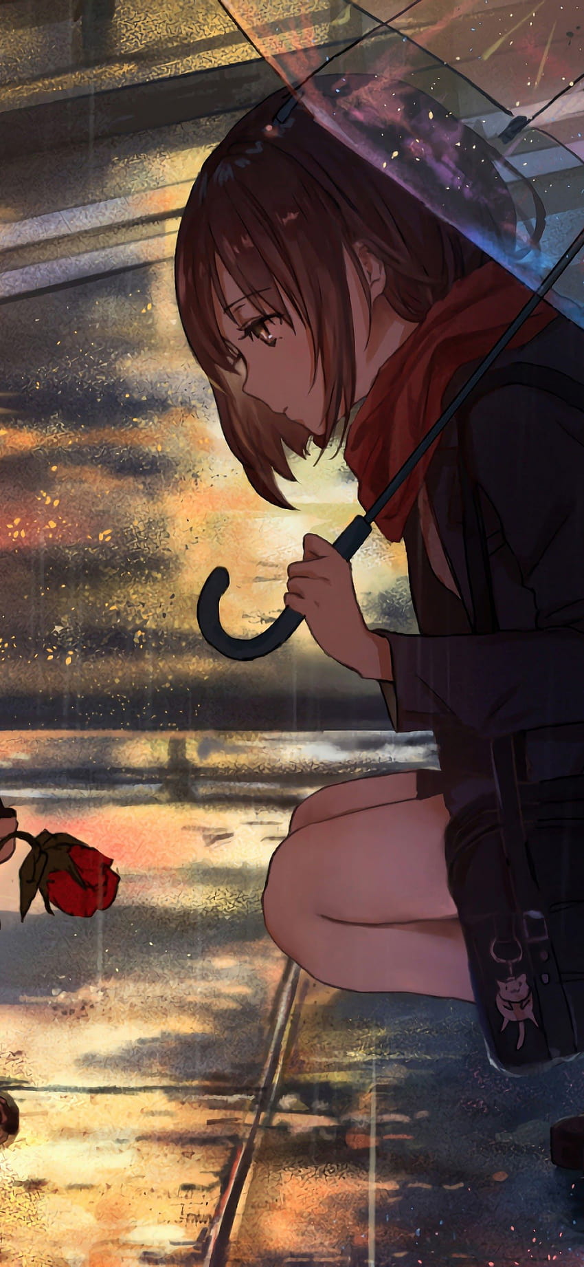 Anime Girl Raining Cat HD phone wallpaper