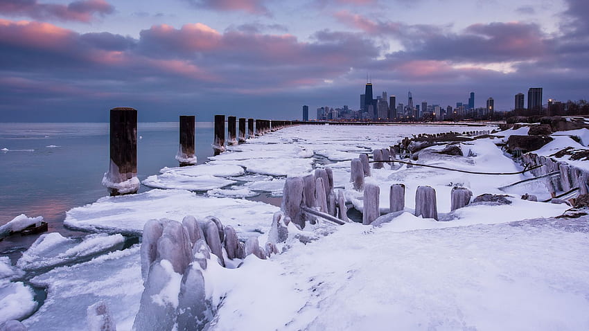 Chicago Buildings Skyscrapers Winter Frozen Ice Posts Ocean, city