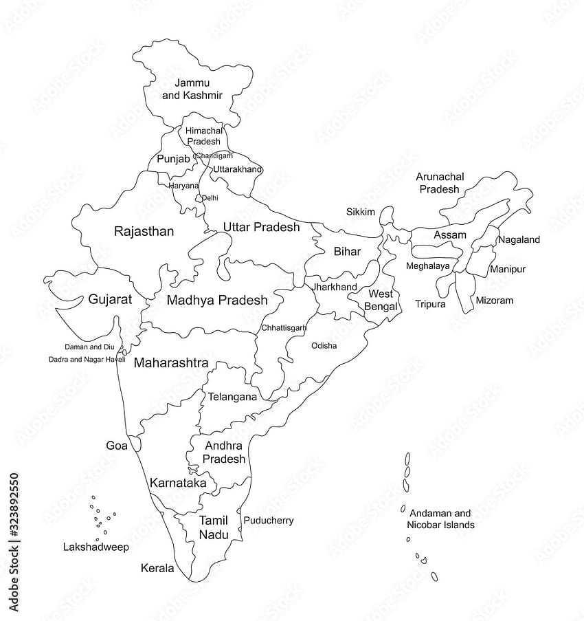 Политическа карта на Индия с етикети с имена. Перфектен за бизнес концепции, фонове, фон, плакат, стикер, банер, етикет, диаграма и . Стоков вектор HD тапет за телефон