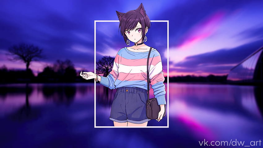 : femboy, anime sky, in , mata ungu, telinga binatang 1920x1080, anime ungu penuh Wallpaper HD
