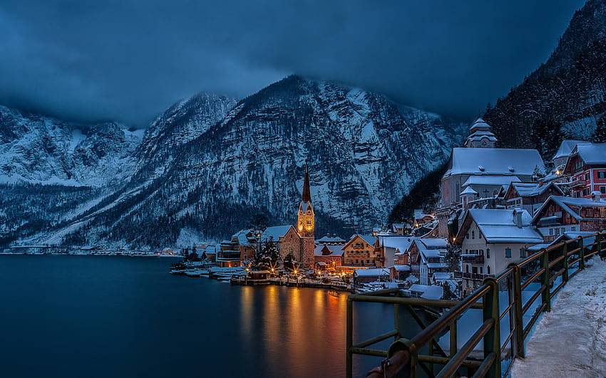 겨울 밤 할슈타트, 오스트리아, hallstatt austria HD 월페이퍼
