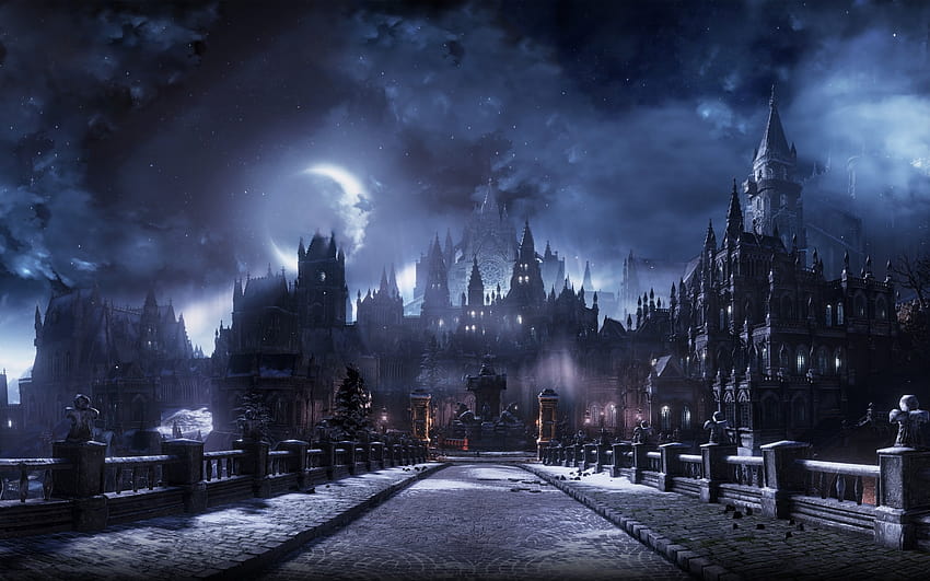 Bridge, Moon, Dark, Fantasy Castle, Clouds HD wallpaper