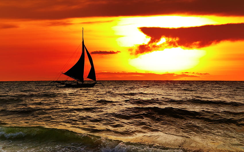 sea, Ocean, Boat, Yacht, Sky, Clouds, Sunset, Orange, Landscapes, earth ocean sunset HD wallpaper