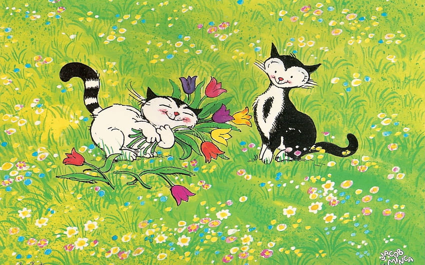 : 1920x1200 px, cartoon, cats, flowers, fun, happy, love, mood, romance 1920x1200, spring cat cartoon HD wallpaper