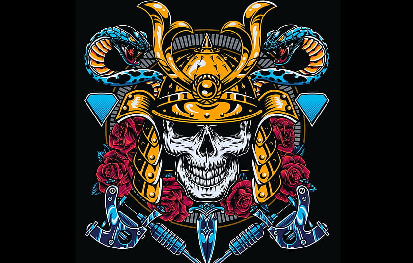 Skull, Samurai, Black background, Dagger, Red roses, Snakes, Vector graphics, Металлический шлем , section разное, skull samurai HD wallpaper