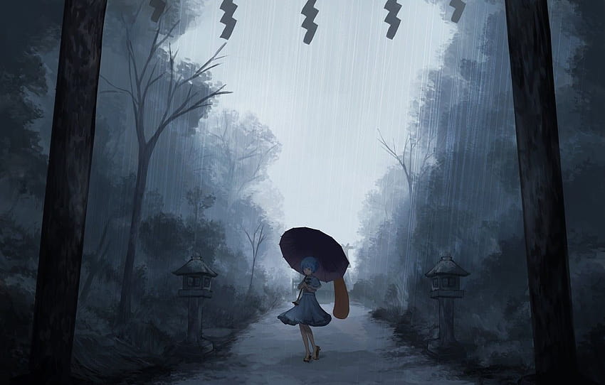 loneliness, the shower, tatara kogas the, under the umbrella, project East, dark place, fog in the evening, touhou project , section игры HD wallpaper