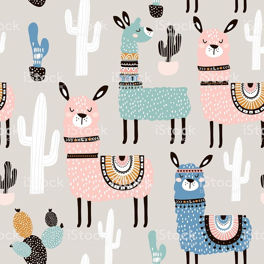 Seamless pattern with lamma, cactus and hand drawn elements. Creative... HD phone wallpaper