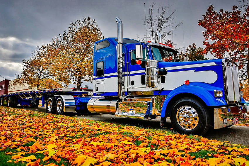 Peterbilt gruzovik trucks motors autumn landscapes nature trees road, autumn truck HD wallpaper