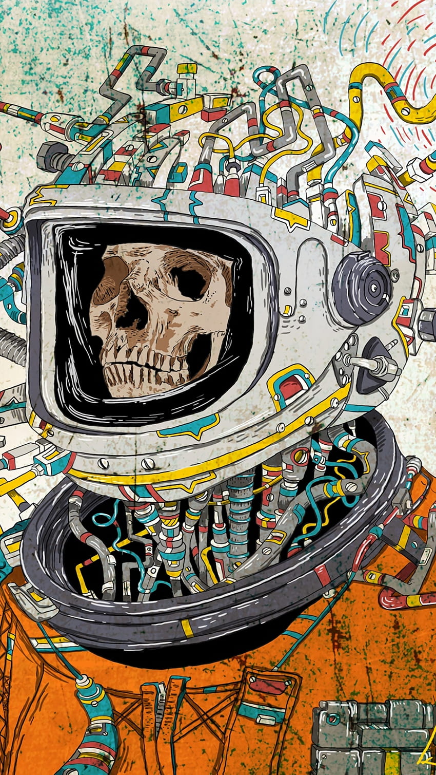 頭蓋骨、宇宙服、アート、宇宙飛行士、超現実的、宇宙の落書き HD電話の壁紙