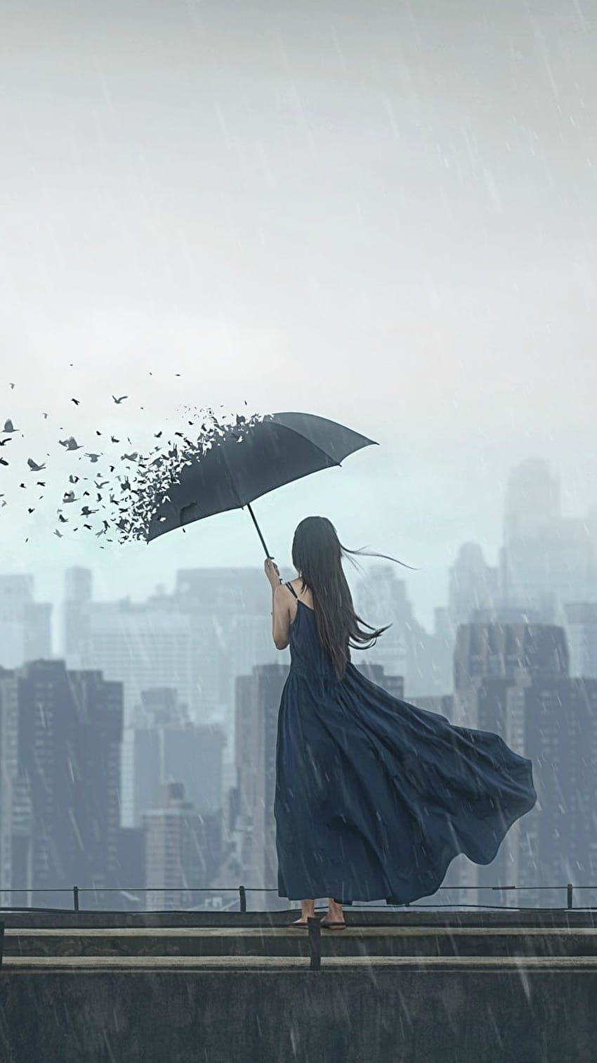 비 우산 탑 비 우산, 우산을 가진 소녀 HD 전화 배경 화면
