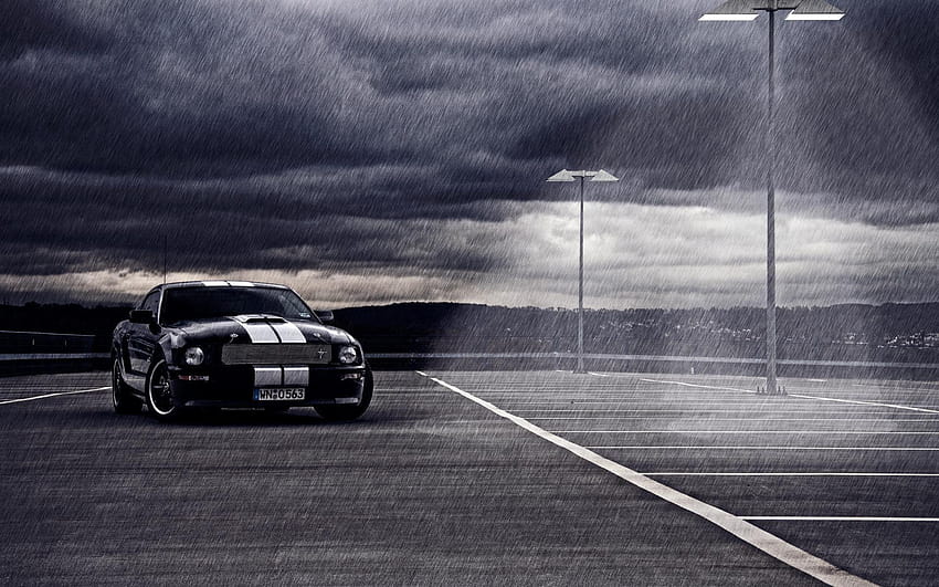 Mustang na parkingu podczas burzy Tapeta HD