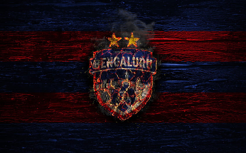 Bengaluru FC, fire logo, Indian Super League, blue and red lines, ISL, Indian football club, grunge, football, soccer, logo, Bengaluru, wooden texture, India with resolution 2880x1800. High Quality HD wallpaper