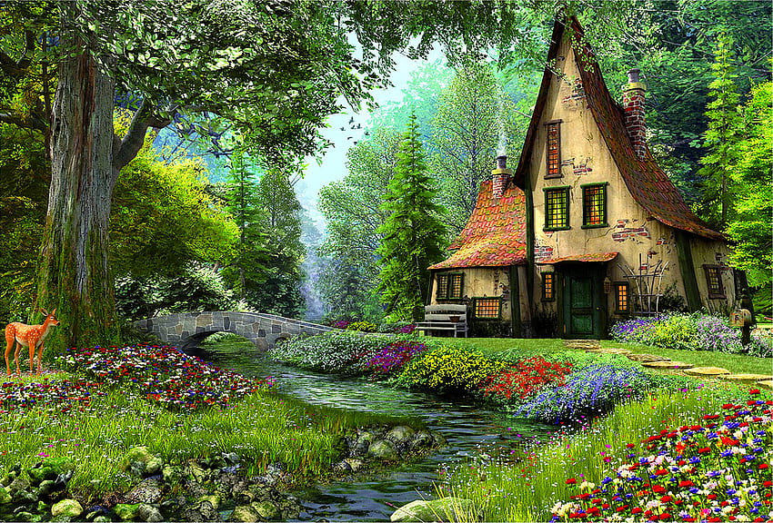 Artistic Bridge Deer Fairy Tale Flower House Magical Painting River Spring Tree, magical spring HD wallpaper
