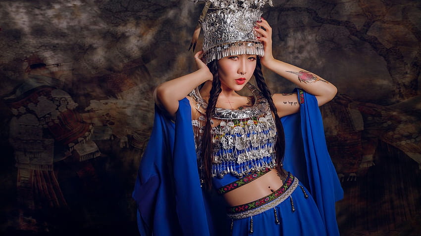 Chinese girl, tattoo, headdress, blue dress 1920x1440, chinese women blue HD wallpaper
