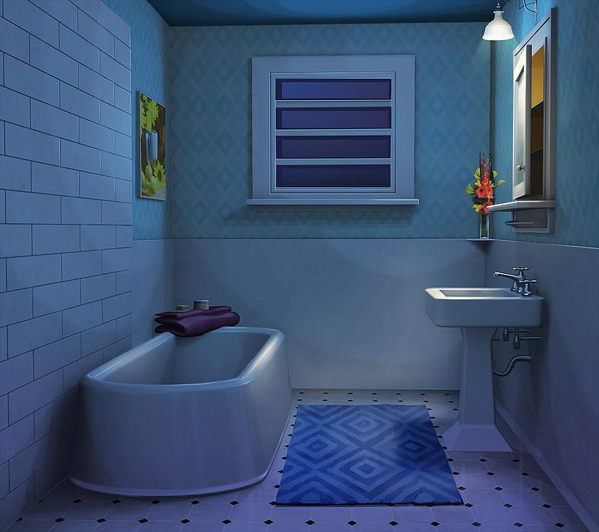 INT。 RESIDENTIAL BATHROOM SKY BLUE、アニメバスルーム 高画質の壁紙