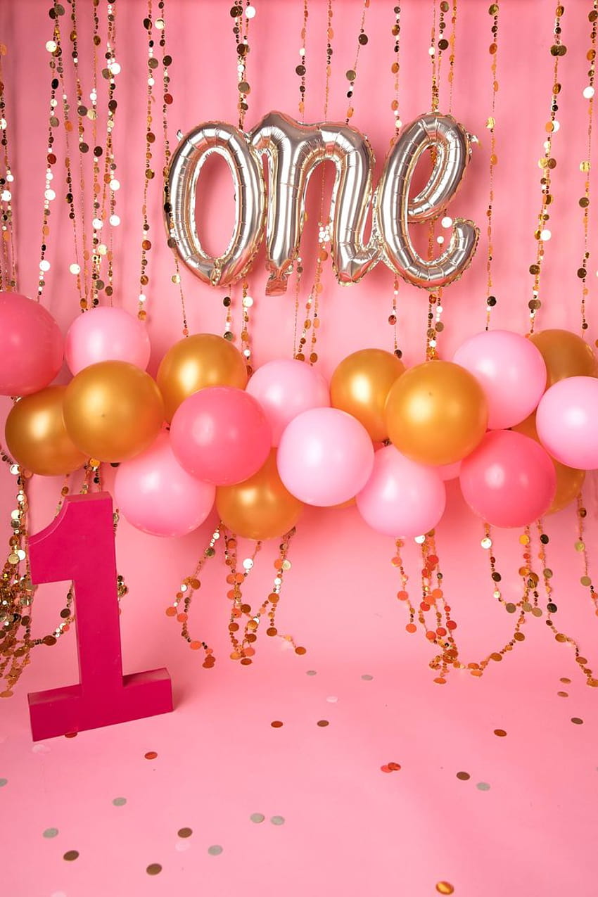 Pink First Birtay Digital Background/backdrop With Balloon HD phone wallpaper