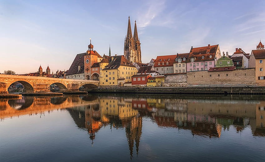 Germany Regensburg Bridges Reflection Rivers Cities HD wallpaper