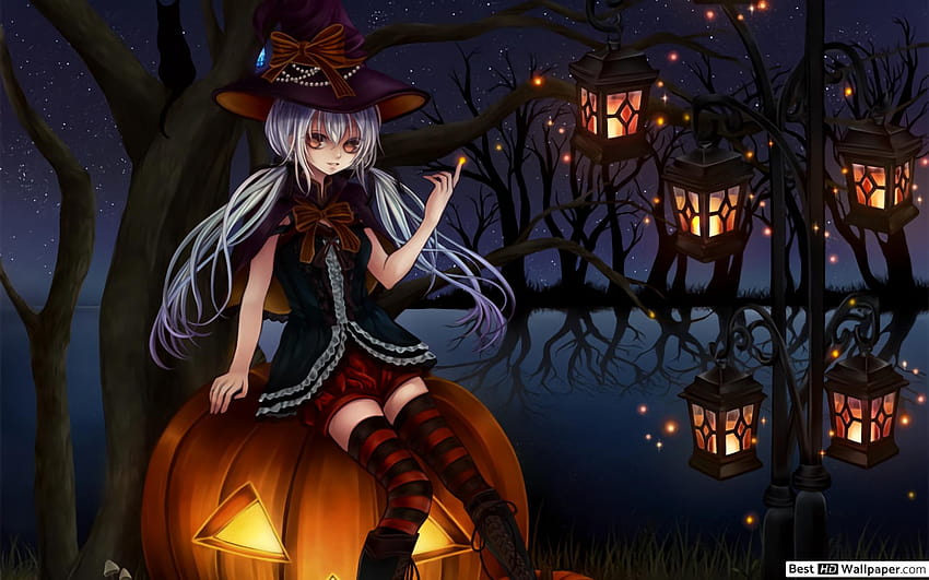 Bruja de anime de halloween, festival de anime de halloween fondo de pantalla