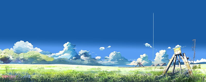 : landscape, anime, nature, sky, field, clouds, Tourism, blue, wind, summer, Makoto Shinkai, The Place Promised In Our Early Days, mount scenery, contrails, steppe, cloud, tree, grassland, leisure, pole, pasture, meadow, anime landscape summer HD wallpaper