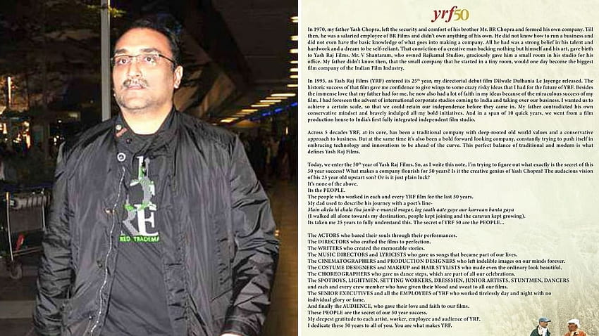 Mientras Yash Raj Films cumple 50 años, Aditya Chopra escribe una nota de agradecimiento fondo de pantalla