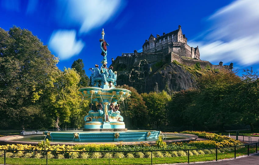 trees, rock, Park, castle, Scotland, fountain, Scotland, edinburgh castle scotland HD wallpaper