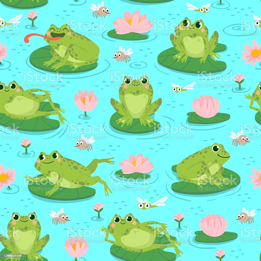 Безшевен шаблон на жаба, повтарящ сладки жаби и водни растения, дизайн на картички за бебешко парти, печат или текстил, карикатура, векторна текстура, илюстрация на склад HD тапет за телефон