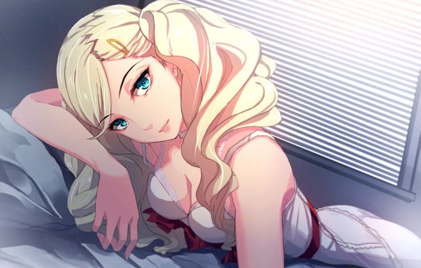 blonde, neckline, blue eyes, flirting, blinds, white linen, red bow, lying on the bed, Person 5, Persona 5, Ann Takamaki , section сэйнэн, persona 5 ann HD wallpaper
