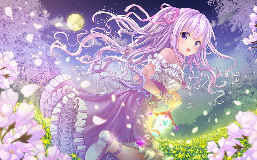 2880x1800 Anime Girl, Cheveux violets, Lune, Pétales, Fleur, anime girl purple Fond d'écran HD