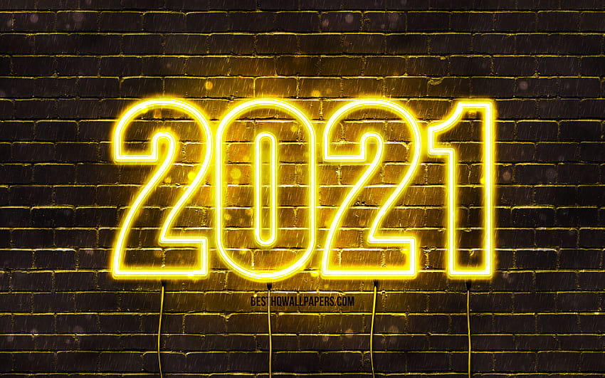 Happy New Year 2021, yellow brickwall, creative, 2021 yellow neon digits, 2021 concepts, wires, 2021 new year, 2021 on yellow background, 2021 year digits with resolution 3840x2400. High Quality, happy new year 2021 neon HD wallpaper