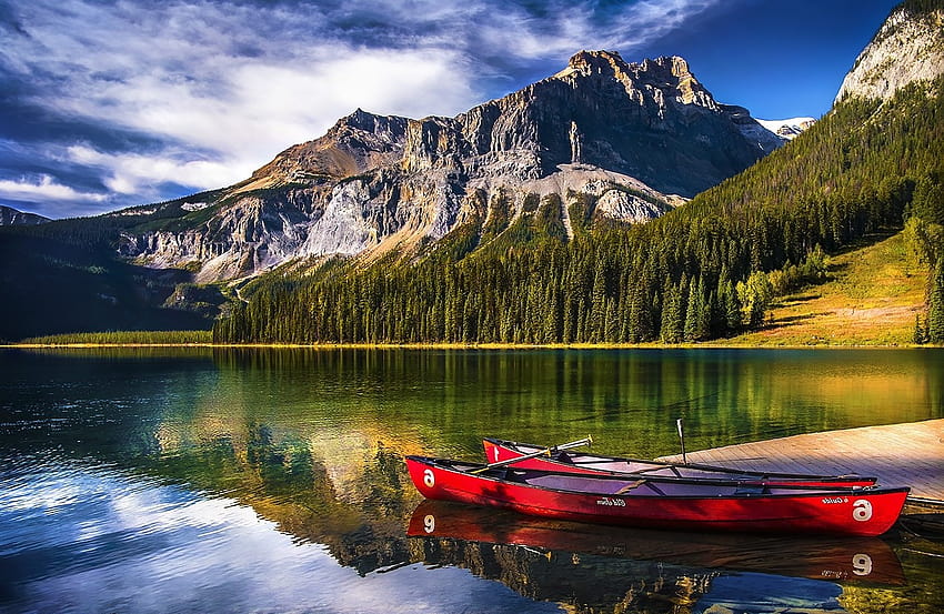 paesaggio, natura, lago, montagna, foresta, canoe, acqua, riflesso, luce del sole, parco nazionale di Yoho, Canada / e sfondi per dispositivi mobili, canada nature Sfondo HD