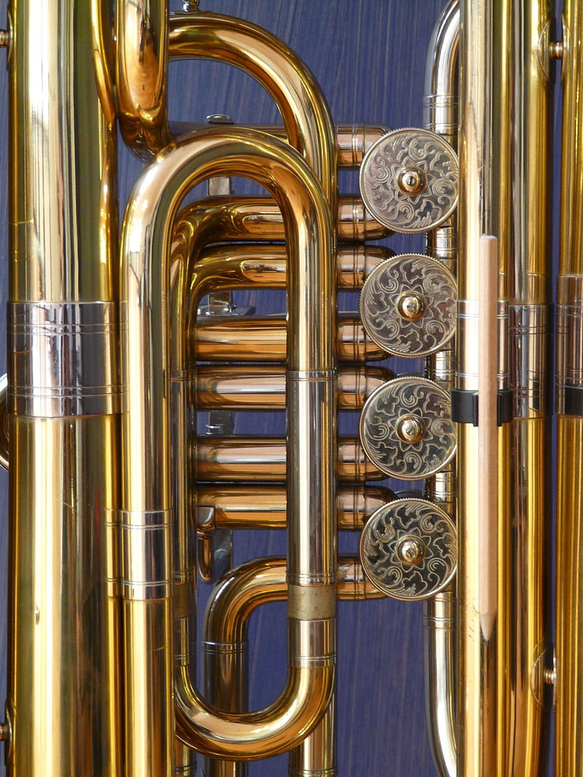 stainless steel and brass wind instrument, tuba HD phone wallpaper