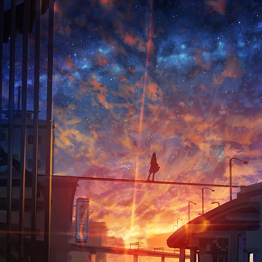 2048x2048 Starry Sky Anime Girl Ipad Air พื้นหลัง และ เมือง อะนิเมะ ท้องฟ้ายามค่ำคืน วอลล์เปเปอร์โทรศัพท์ HD