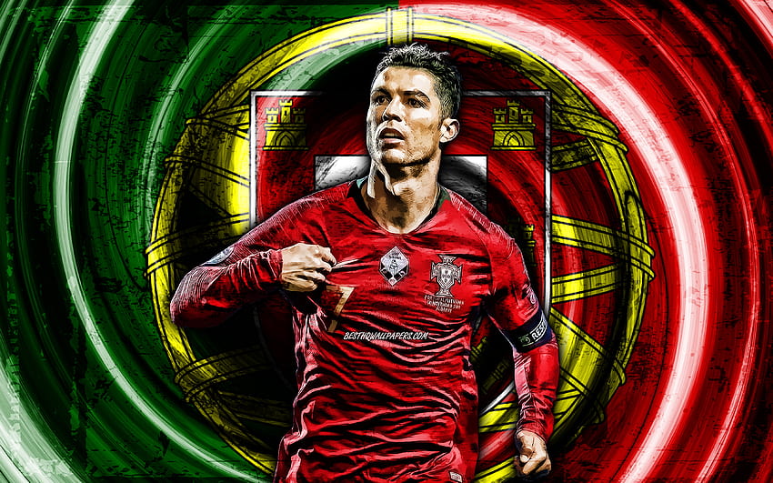 Cristiano Ronaldo, fond grunge rouge, équipe nationale du Portugal, football, vortex, footballeurs, Cristiano Ronaldo dos Santos Aveiro, drapeau portugais, CR7, équipe de football portugaise, Cristiano Ronaldo avec résolution Fond d'écran HD
