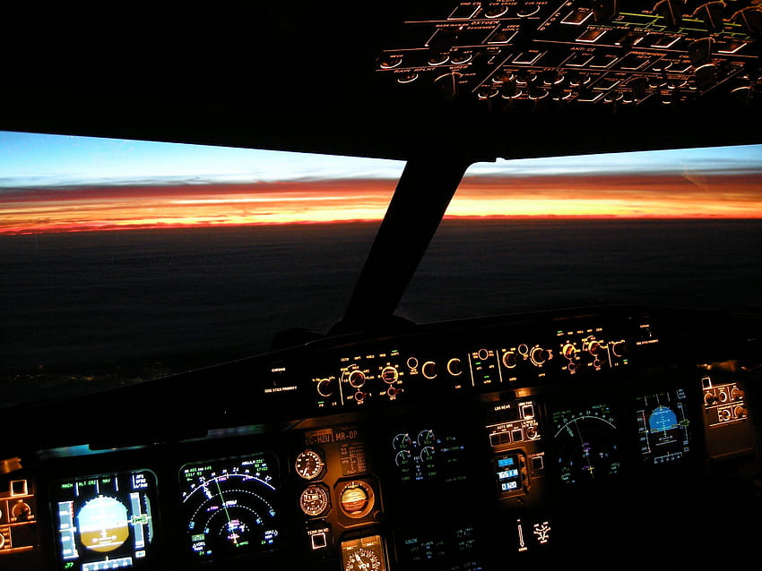 Cockpit d'avion Airbus illuminé au coucher du soleil, téléphone de cockpit airbus Fond d'écran HD